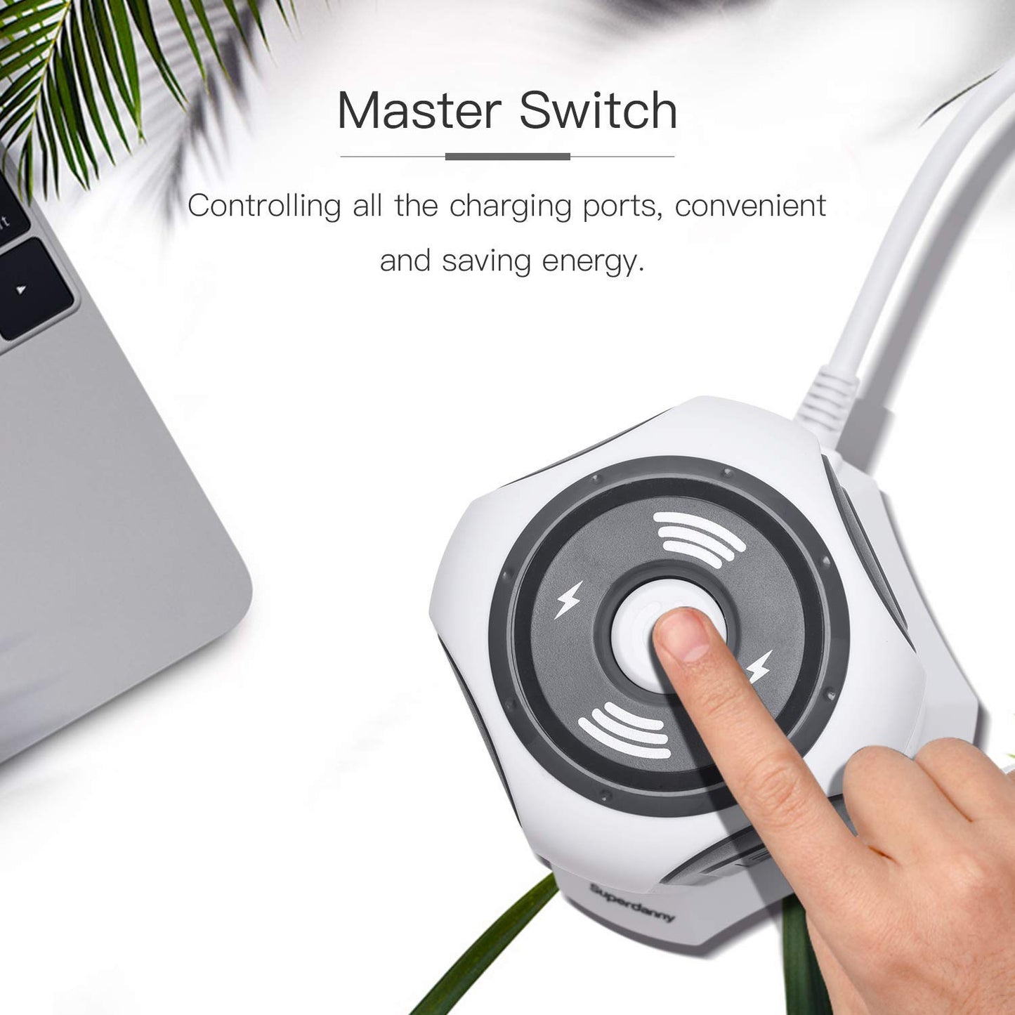 Koosom 10ft Power Strip Tower Wireless Charger Surge Protector Extension Cord 10A 9-Outlet 4.5A 4 USB Electrical Charging Station Universal Socket for Laptop Phone White and Gray
