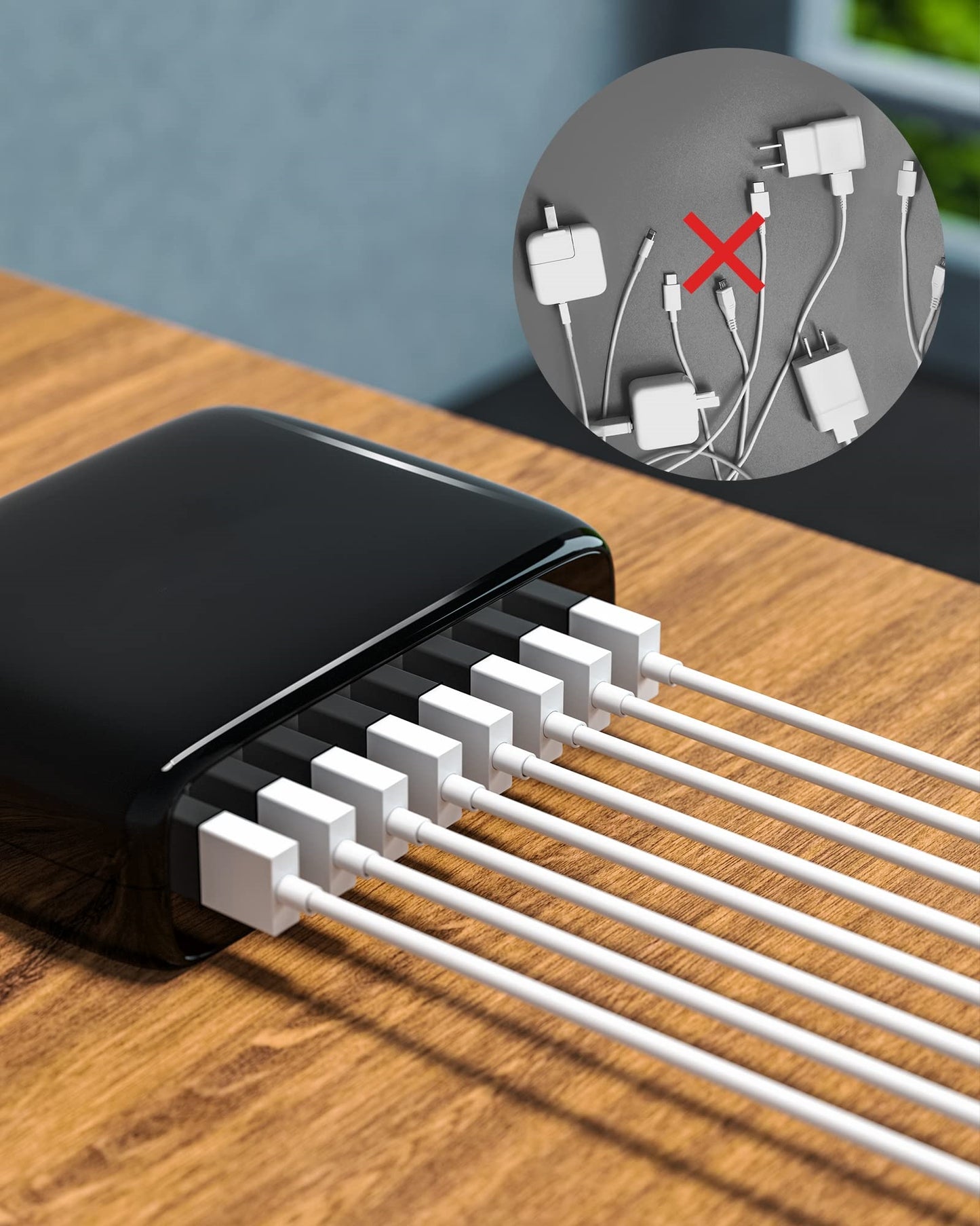 Koosom USB Charger Station, 8-Port Desktop Charging Station for Multiple Devices, Compatible with iPhone 11/X/Xs/Max/XR/SE/8/Plus, iPad Pro/Air/Mini, AirPods, Galaxy S10 Note, LG, and More, Black