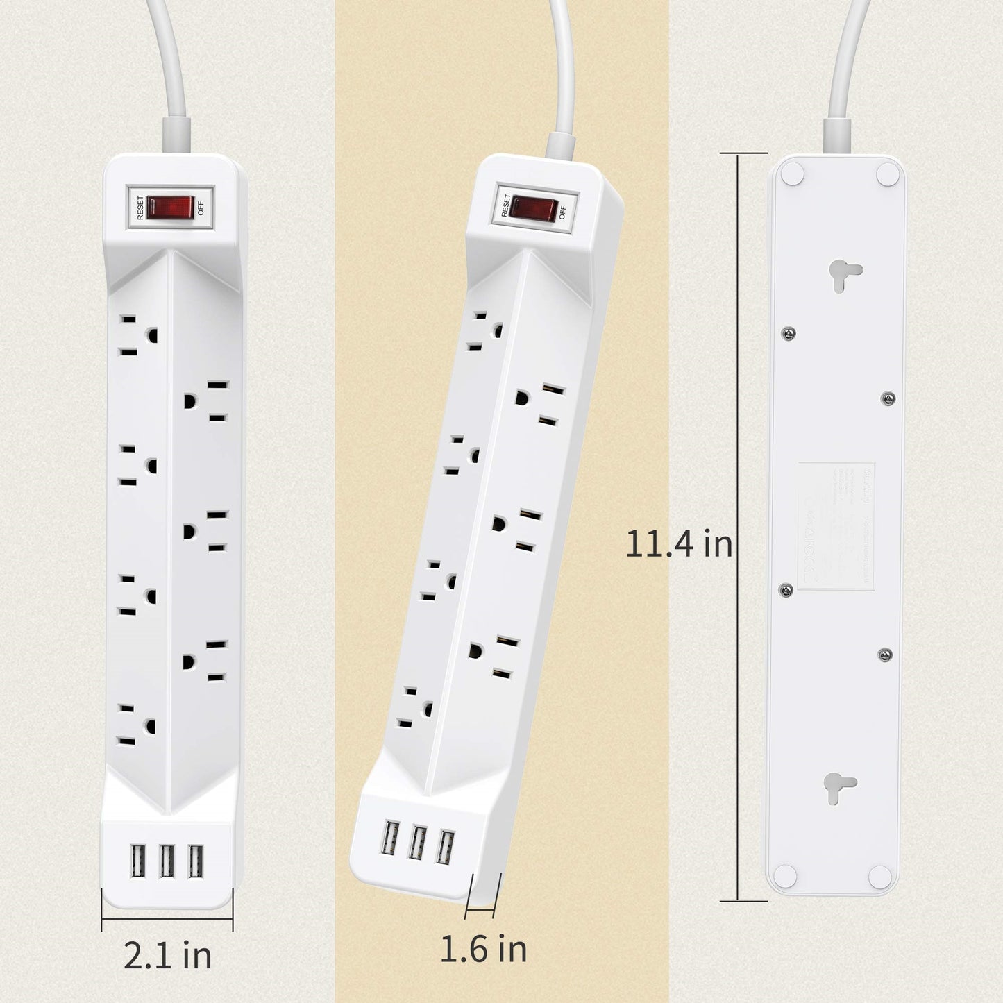 Koosom 16.5 Ft Power Strip Surge Protector Flat Plug with USB, 7 Wide Spaced Outlets 3 USB Ports Mountable Extension Cord Charging Station, Overload Protection for Home Office Hotel Dorm, White