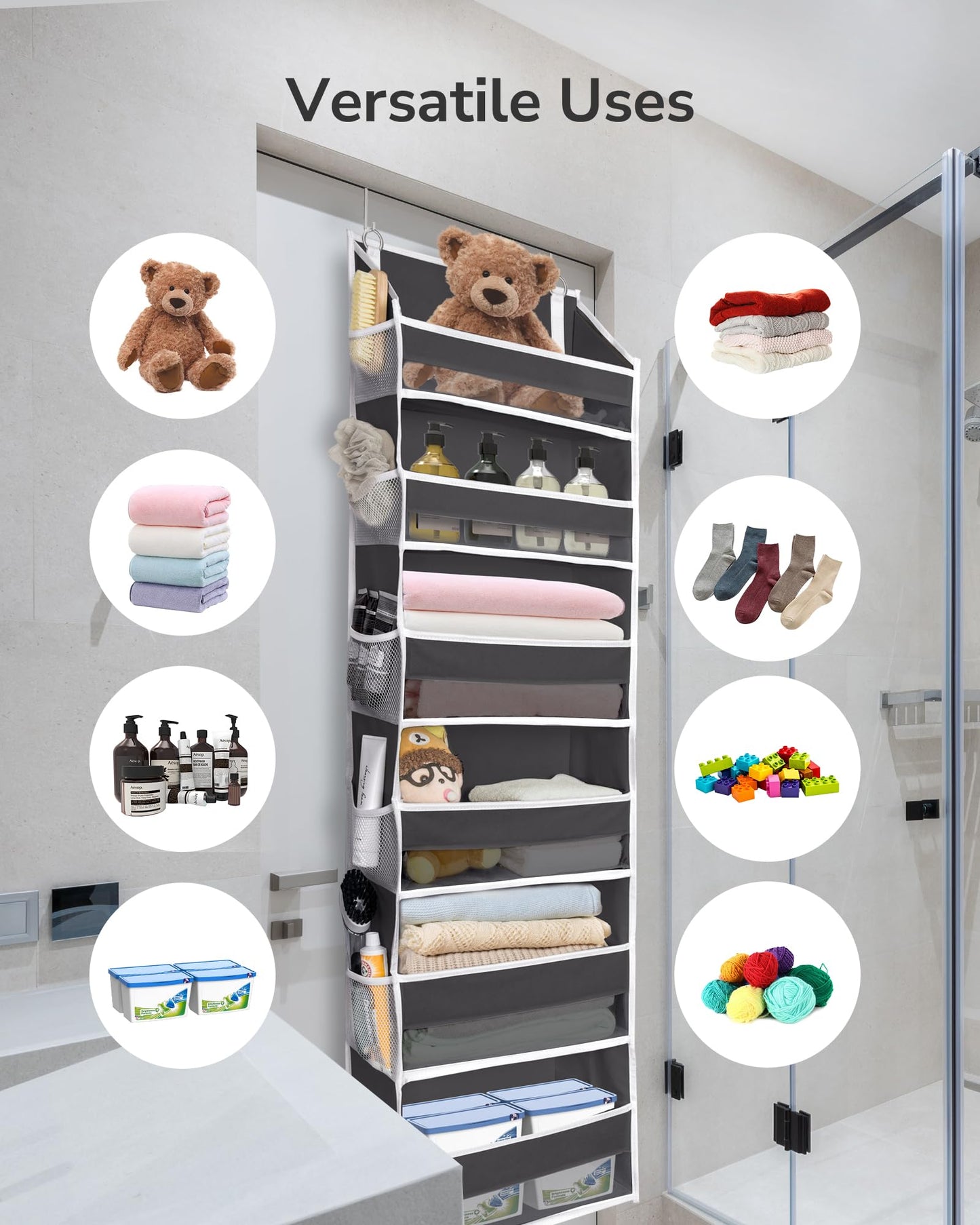 Koosom Over The Door Organizer with 6 Large Pockets 12 Side Pockets, 50lbs Weight Capacity Door Hanging Organizer for Bedroom, Bathroom, Pantry, Nursery Storage, Dark Gray
