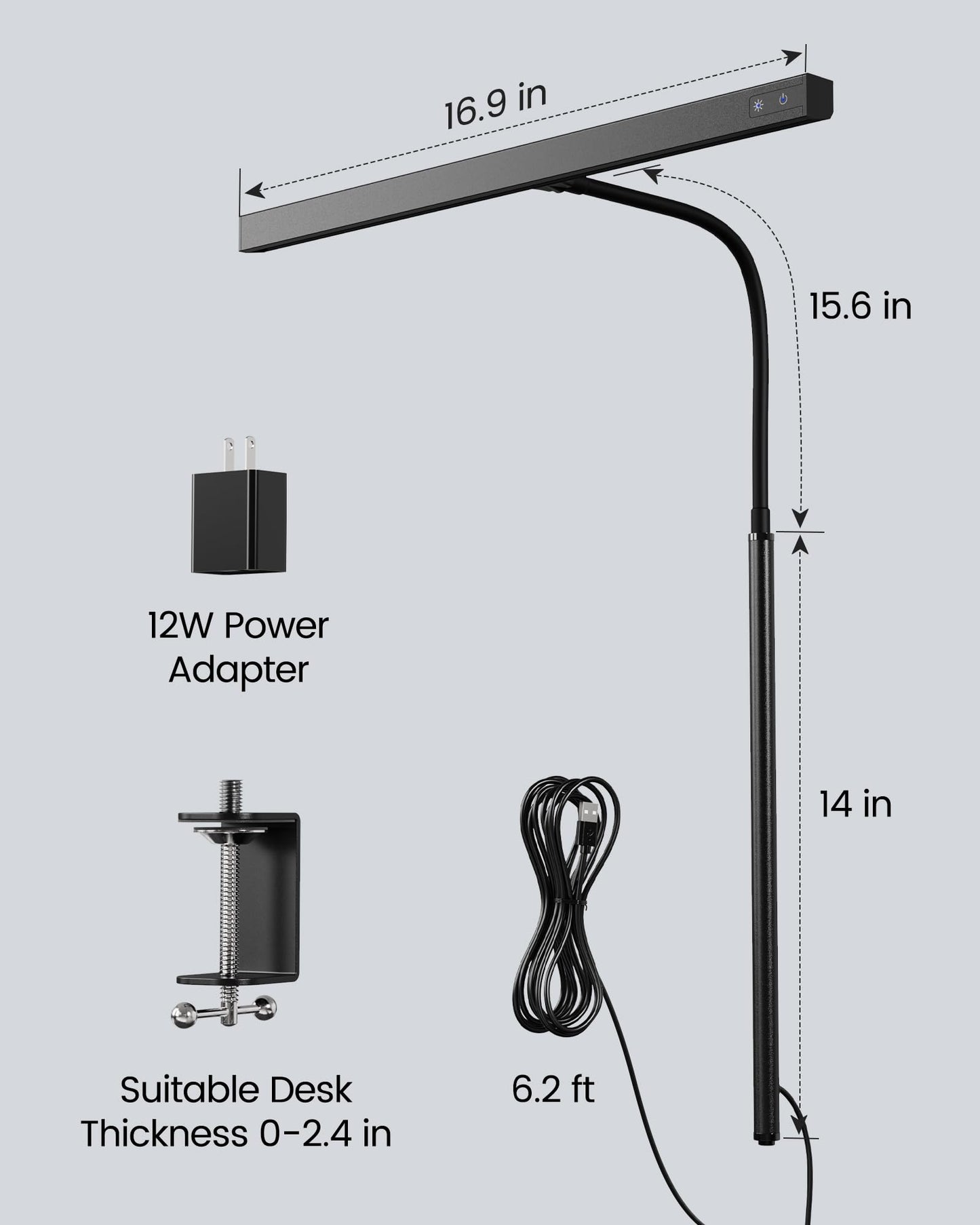 Koosom LED Desk Lamp for Office Home, Eye-Caring Desk Light with Adjustable Gooseneck, 12W Touch Control Dimmable Brightness, Architect Clamp Lamp with USB Adapter for Reading Study Workbench