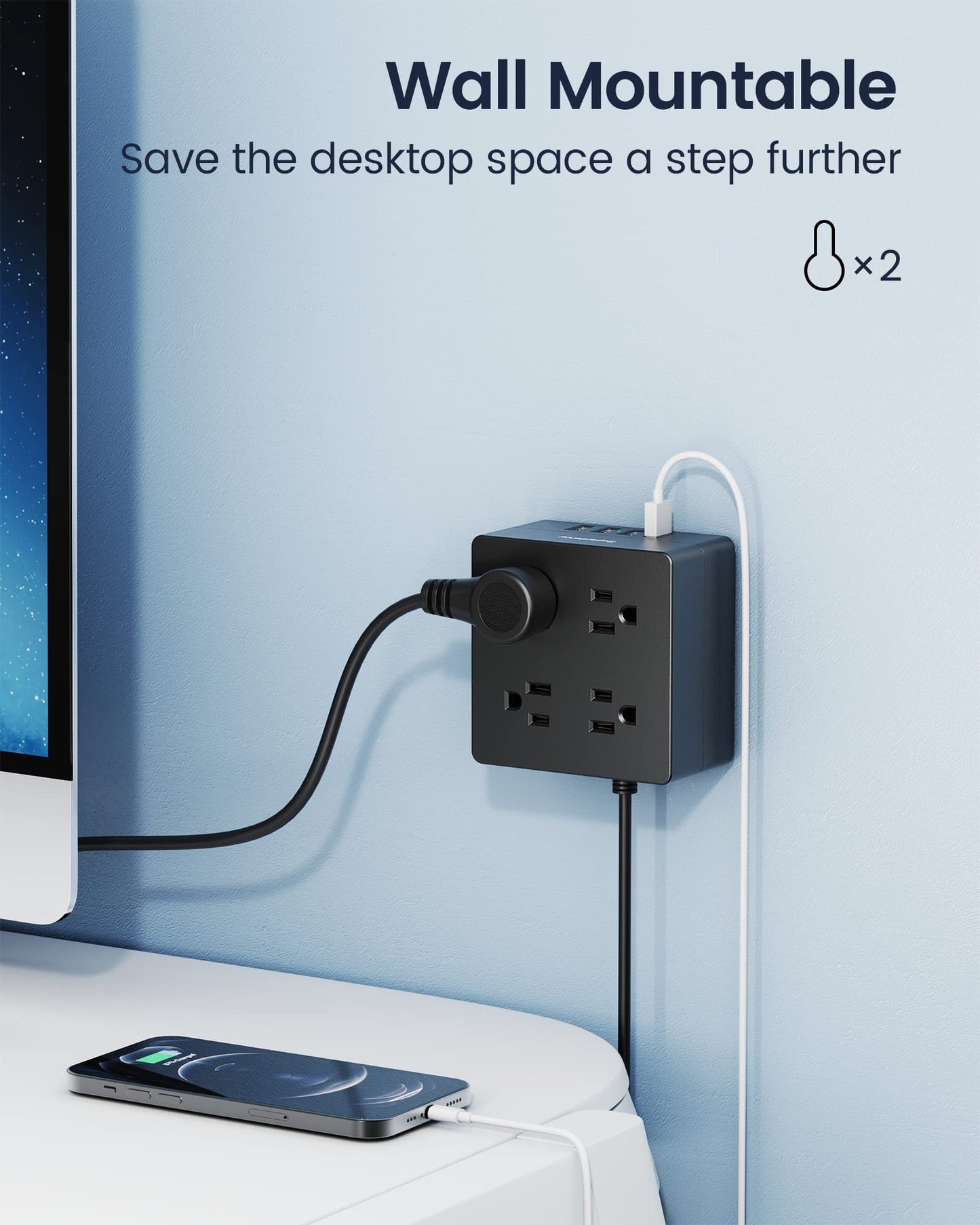 Koosom 5ft Power Strip, Surge Protector 900 Joules, 4-Outlet 4-USB Extension Cord, Overload Switch, Grounded, Mountable, Desktop Charging Station for Home, Office, School, Dorm, Computer, Black