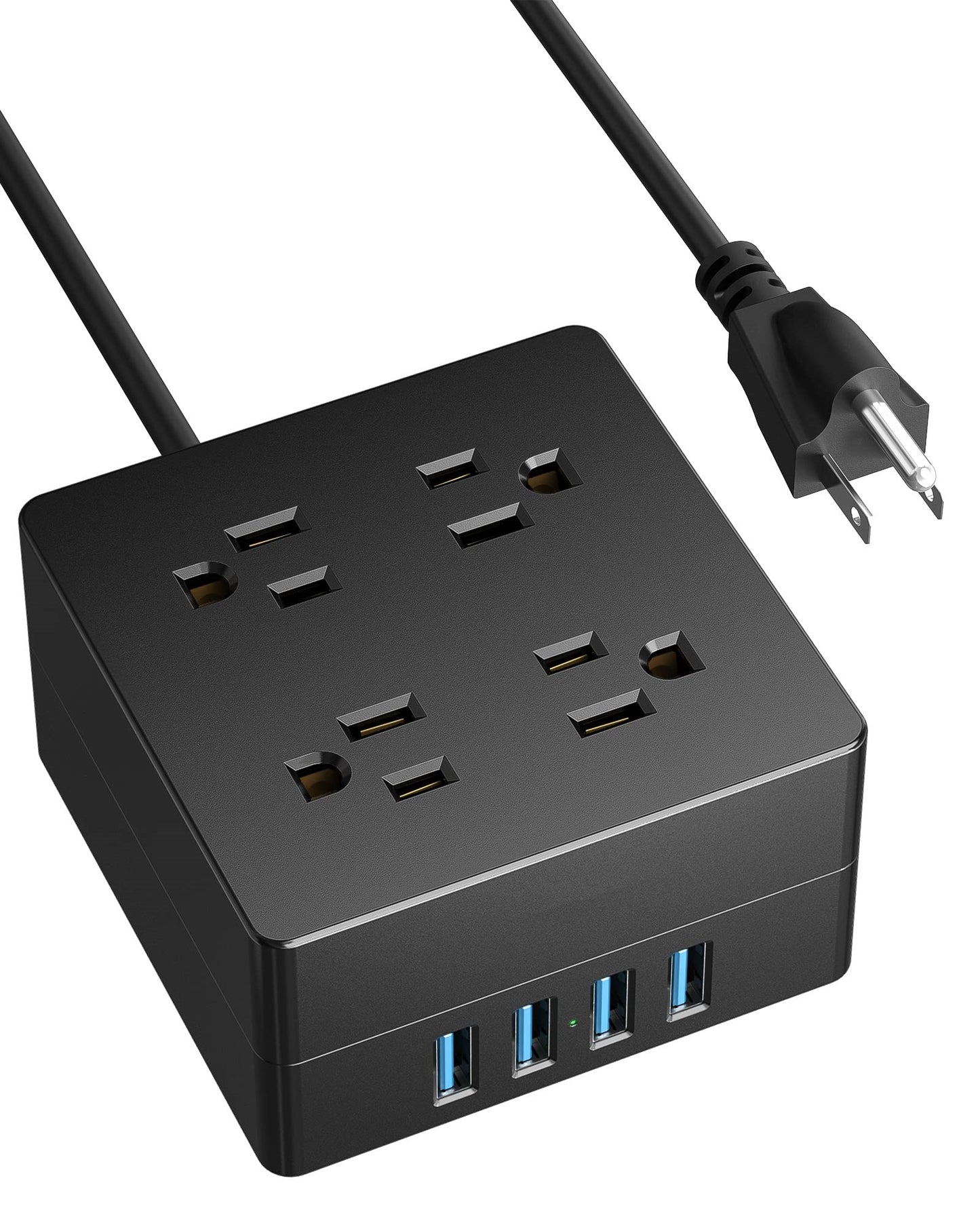 Koosom 5ft Power Strip, Surge Protector 900 Joules, 4-Outlet 4-USB Extension Cord, Overload Switch, Grounded, Mountable, Desktop Charging Station for Home, Office, School, Dorm, Computer, Black