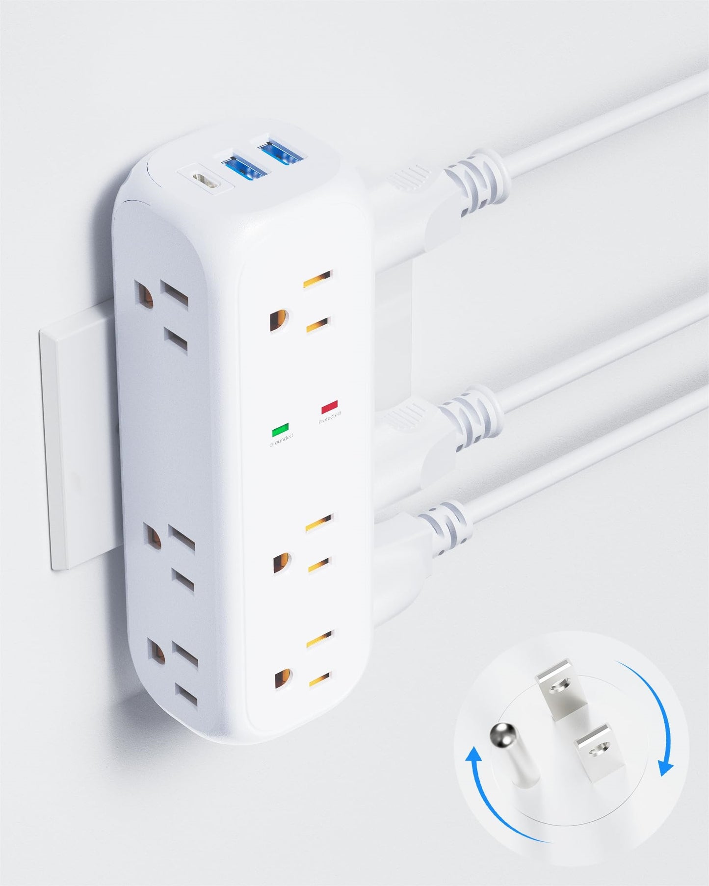 Koosom Multi Plug Outlet Extender, 9 AC Outlets, 3 USB Wall Charger(1 USB C) 360° Rotating Plug Outlet Splitter Surge Protector, 4-Sided Swivel Wall Plug Extender for Home, Office, Travel,White