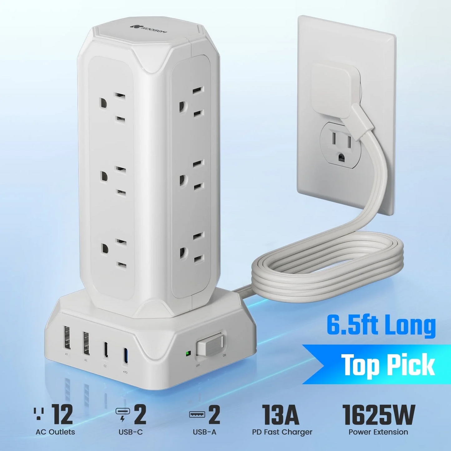 KOOSOM Power Strip Tower, 12 Outlets, 4 USB Ports Charging Station, 1700 Joule Surge Protection, 6.5ft Flat Plug Extension Cord, Multi Charger Station for Home, Office, Dorm