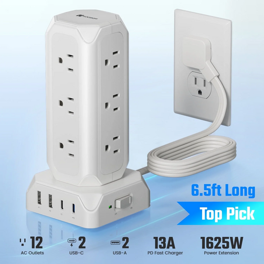 KOOSOM Power Strip Tower, 12 Outlets, 4 USB Ports Charging Station, 1700 Joule Surge Protection, 6.5ft Flat Plug Extension Cord, Multi Charger Station for Home, Office, Dorm