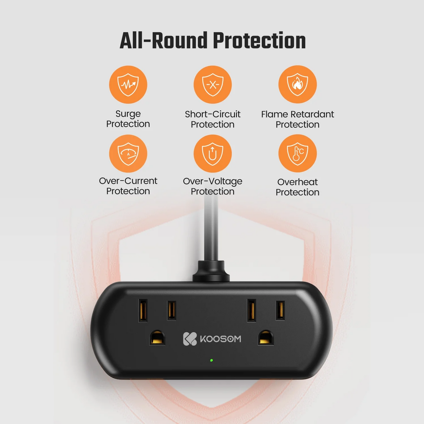 Koosom 10Ft Extension Cord, Mini Surge Protector with 2 Wide-Spaced Outlets, 4 USB Power Strip, 3 USB-A 1 USB-C, Flat Plug, Compact Size Desktop Charging Station Travel, Home, Office, Black