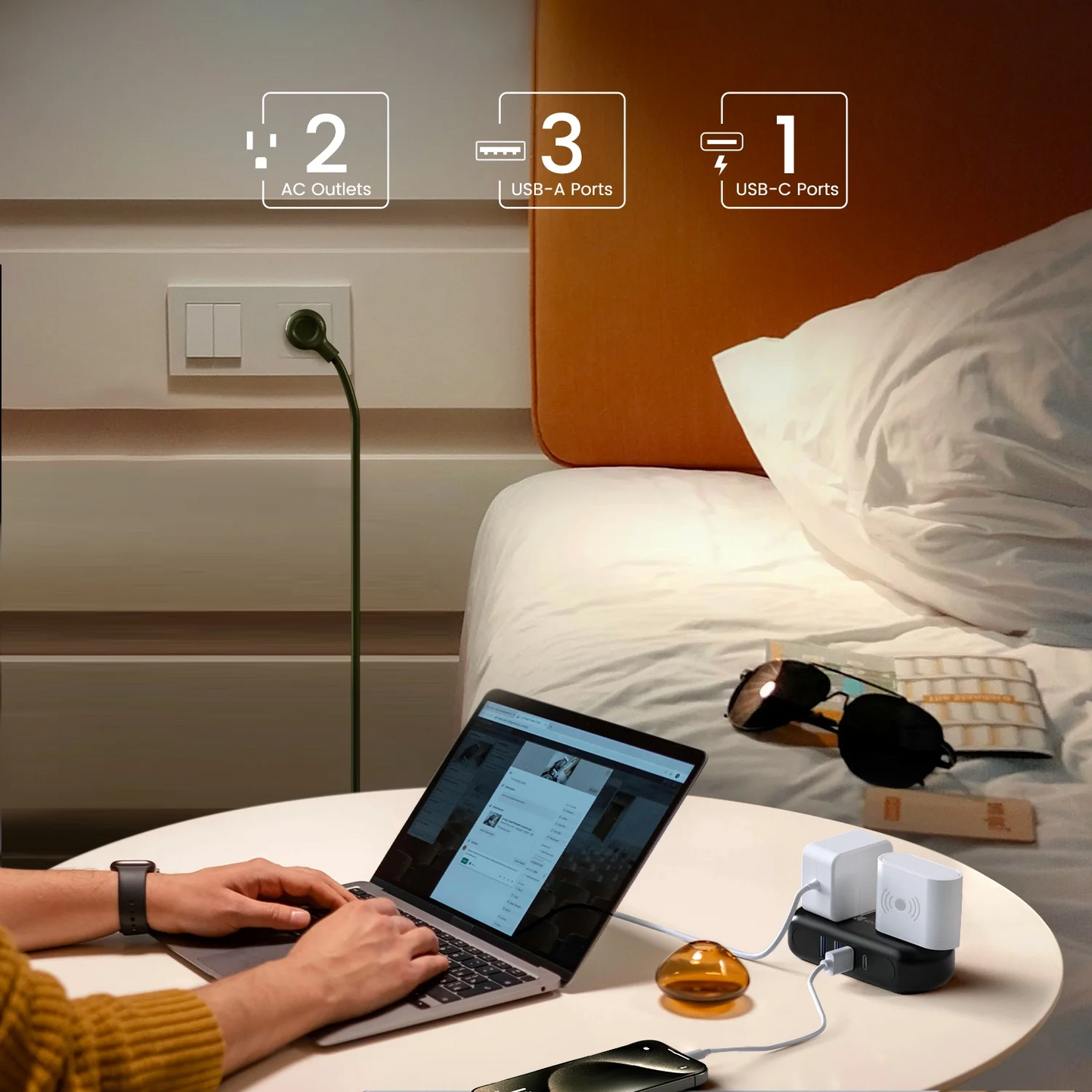 Koosom 10Ft Extension Cord, Mini Surge Protector with 2 Wide-Spaced Outlets, 4 USB Power Strip, 3 USB-A 1 USB-C, Flat Plug, Compact Size Desktop Charging Station Travel, Home, Office, Black