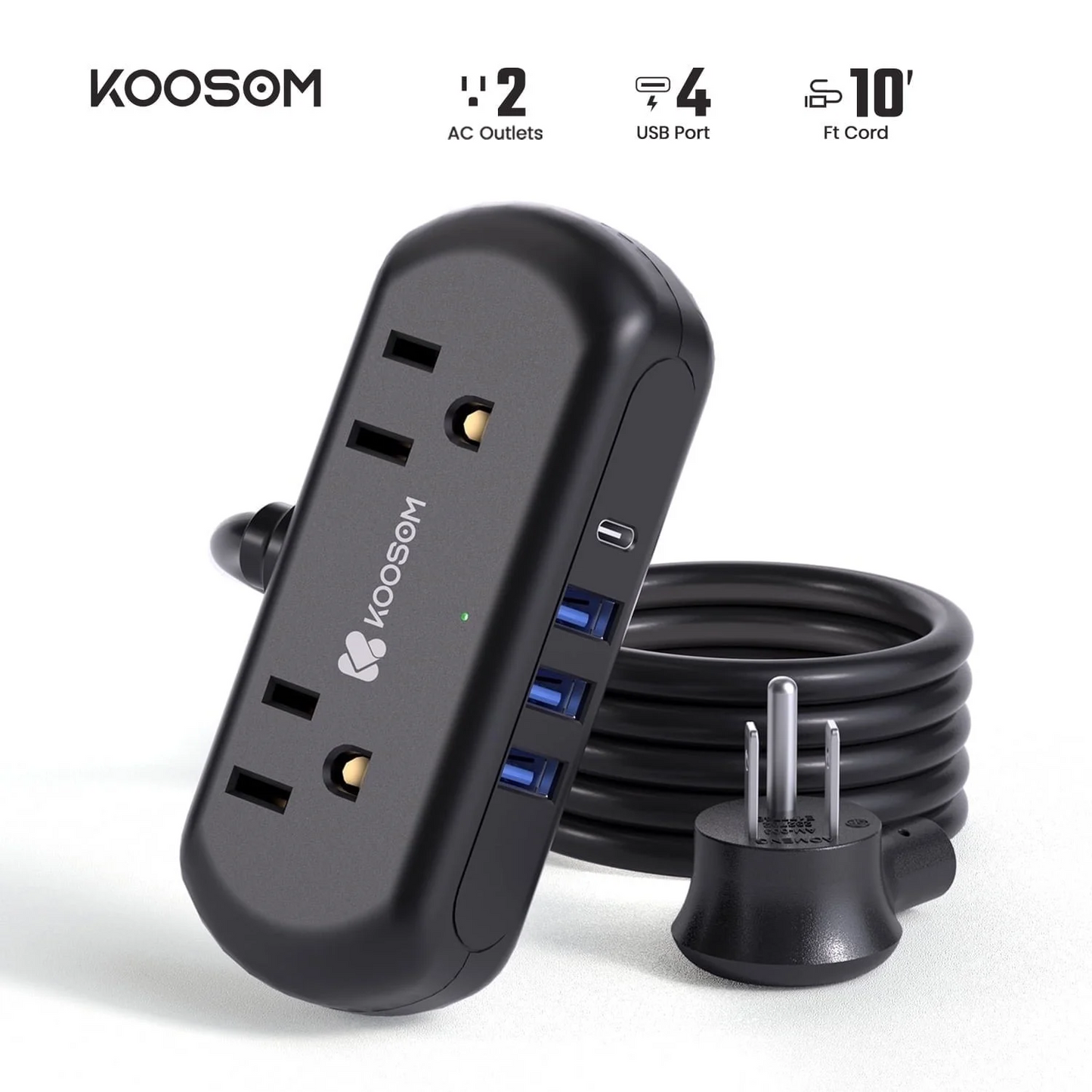 Koosom 10Ft Extension Cord, Mini Surge Protector with 2 Wide-Spaced Outlets, 4 USB Power Strip, 3 USB-A 1 USB-C, Flat Plug, Compact Size Desktop Charging Station Travel, Home, Office, Black