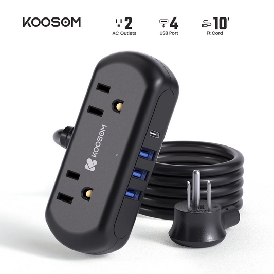 Koosom 10Ft Extension Cord, Mini Surge Protector with 2 Wide-Spaced Outlets, 4 USB Power Strip, 3 USB-A 1 USB-C, Flat Plug, Compact Size Desktop Charging Station Travel, Home, Office, Black