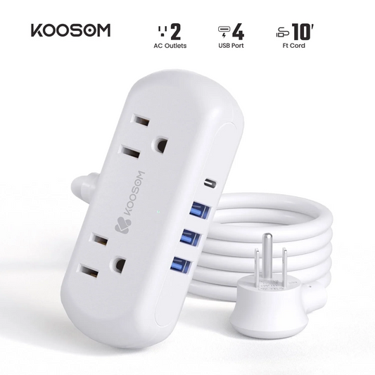 Koosom Mini Power Strip, 10ft Mini Desktop Charging Station with 2 Wide-Spaced Outlets & 4 USB Ports