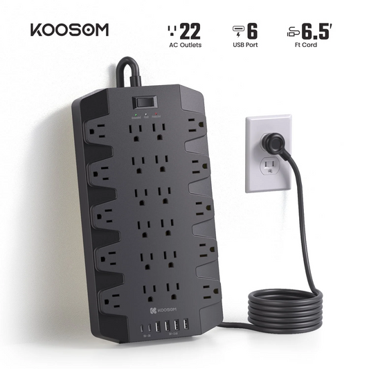 Koosom 22 Outlet Surge Protector Power Strip, 6 USB Ports, 6.6ft Extension Cord