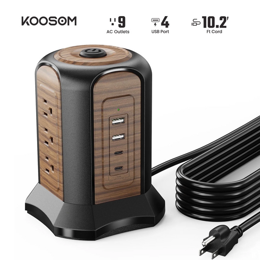 Koosom Power Strip Tower Surge Protector, 10.2 Ft Extension Cord with Multiple Outlets, 9 Outlets, 4 USB Ports (2 USB C), 1080 Joules, 3-Prong, Grounded, Charging Station for Home, Office, Brown