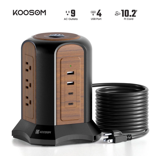 KOOSOM Power Strip Tower Surge Protector, 10.2 Ft Extension Cord with Multiple Outlets, 9 Outlets, 4 USB Ports (2 USB C), 1080 Joules, 3-Prong, Grounded, Deep Walnut