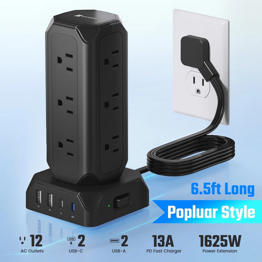 Koosom 35W Surge Protector Strip Tower, 12 AC Outlet Surge Protector, 4 USB Charging Station with 6.5ft Extension Cord, Black