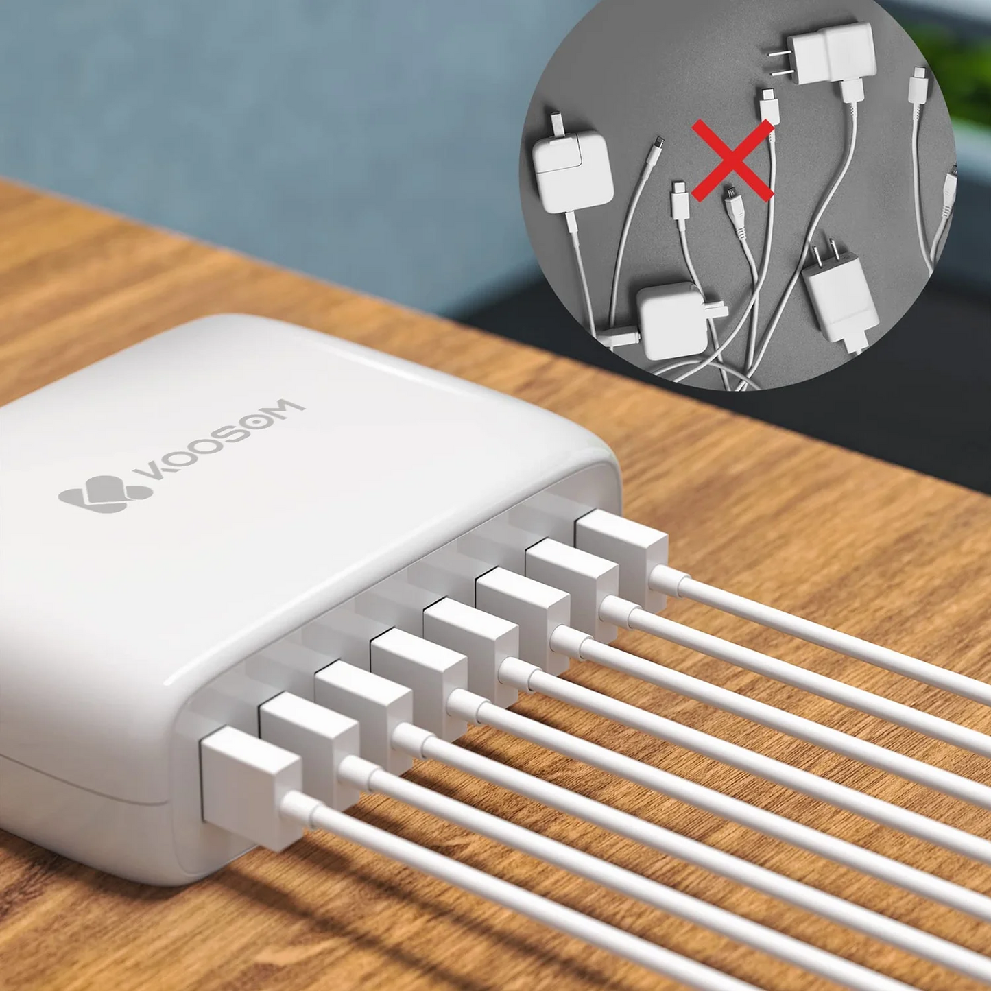KOOSOM USB Charger Station,8-Port Desktop Charging Station for Multiple Devices,White