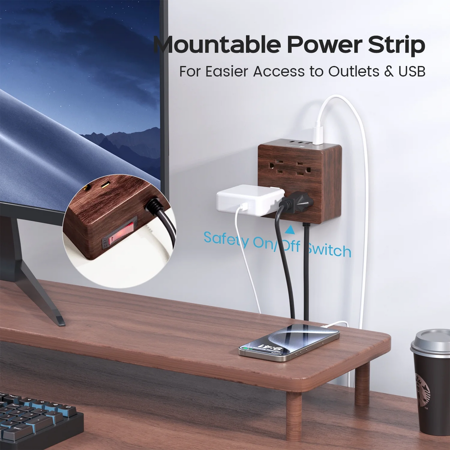 KOOSOM Power Strip Surge Protector - Extension Cord with 4 Widely Spaced Outlets & 4 Smart USB Ports