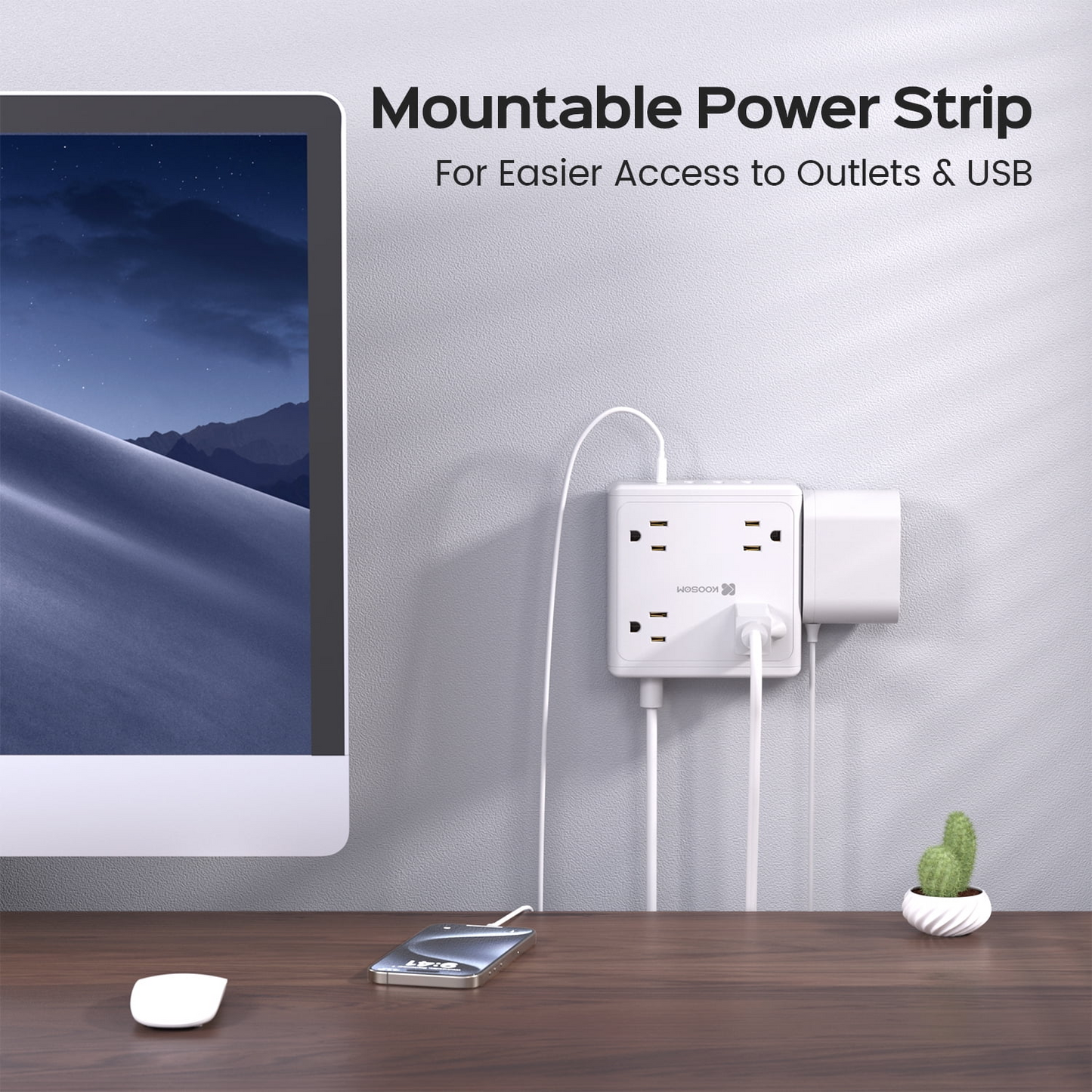 KOOSOM Power Strip with USB Ports, 8 AC Outlets & 4 USB Charging Station, Mountable, Flat Plug, 5 ft Extension Cord, for Home Office Dorm Hotel Travel Cruise Ship, White