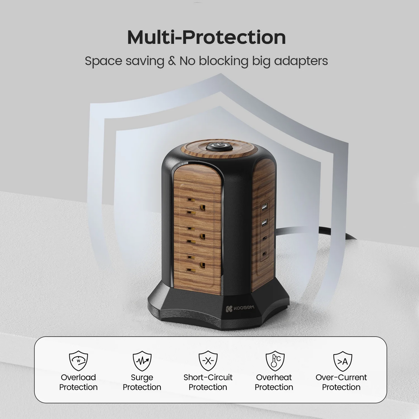 KOOSOM Power Strip Tower Surge Protector, 10.2 Ft Extension Cord with Multiple Outlets, 9 Outlets, 4 USB Ports (2 USB C), 1080 Joules, 3-Prong, Grounded, Deep Walnut