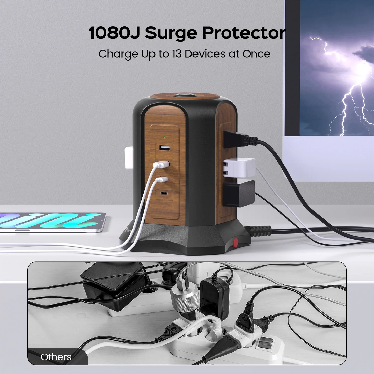 KOOSOM Power Strip Tower Surge Protector, 10.2 Ft Extension Cord with Multiple Outlets, 9 Outlets, 4 USB Ports (2 USB C), 1080 Joules, 3-Prong, Grounded, Deep Walnut