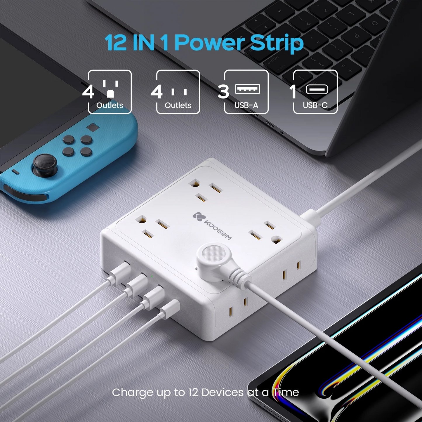 KOOSOM Power Strip with USB Ports, 8 AC Outlets & 4 USB Charging Station, Mountable, Flat Plug, 5 ft Extension Cord, for Home Office Dorm Hotel Travel Cruise Ship, White