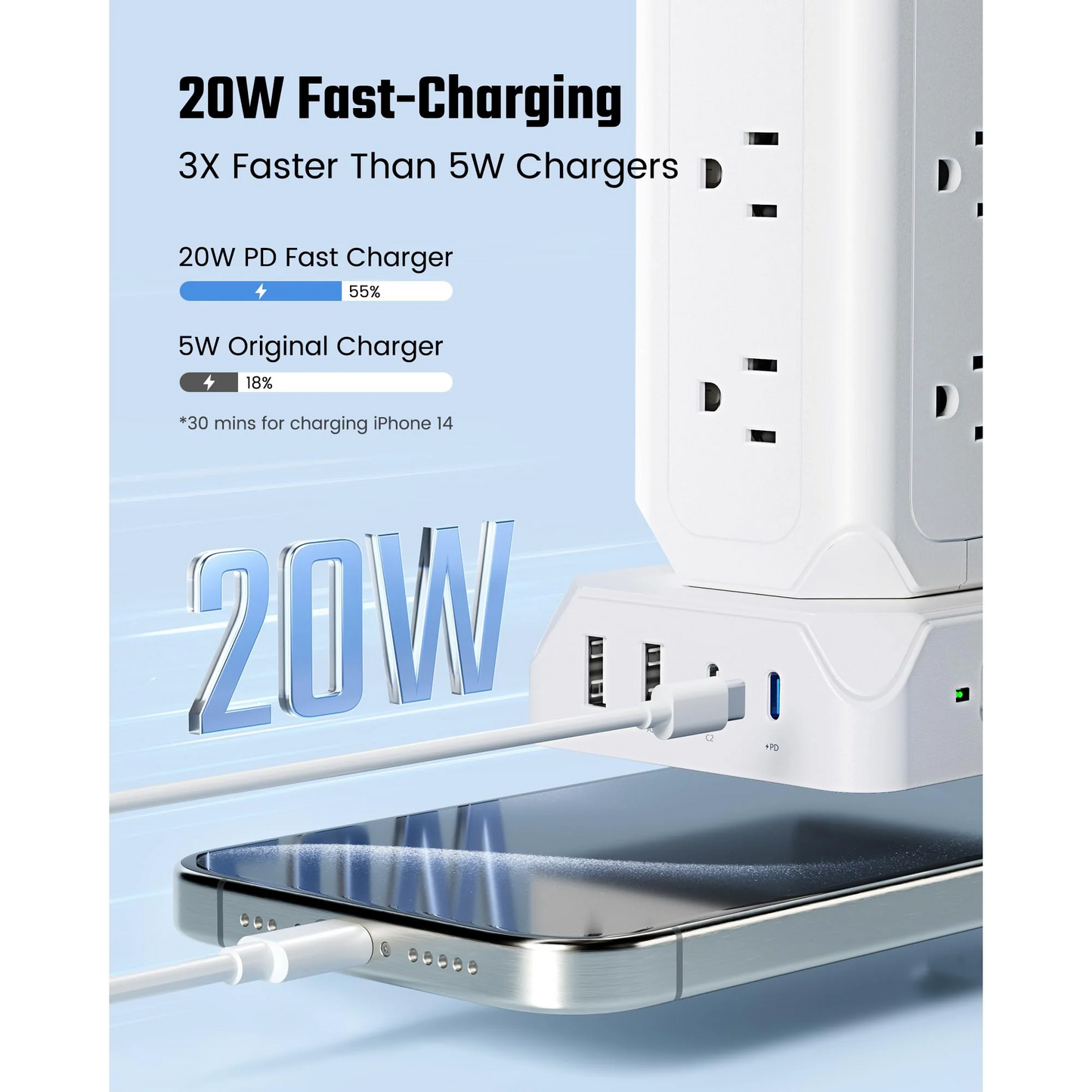 Koosom 35W Power Strip Tower,10FT Long Extension Cord,16-Outlet USB C Surge Protector, 12 AC Outlet,2 USB C and 2 USB A Ports Charging Staion