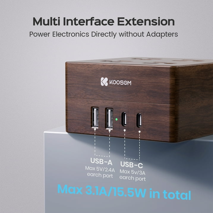 KOOSOM Power Strip Surge Protector - Extension Cord with 4 Widely Spaced Outlets & 4 Smart USB Ports