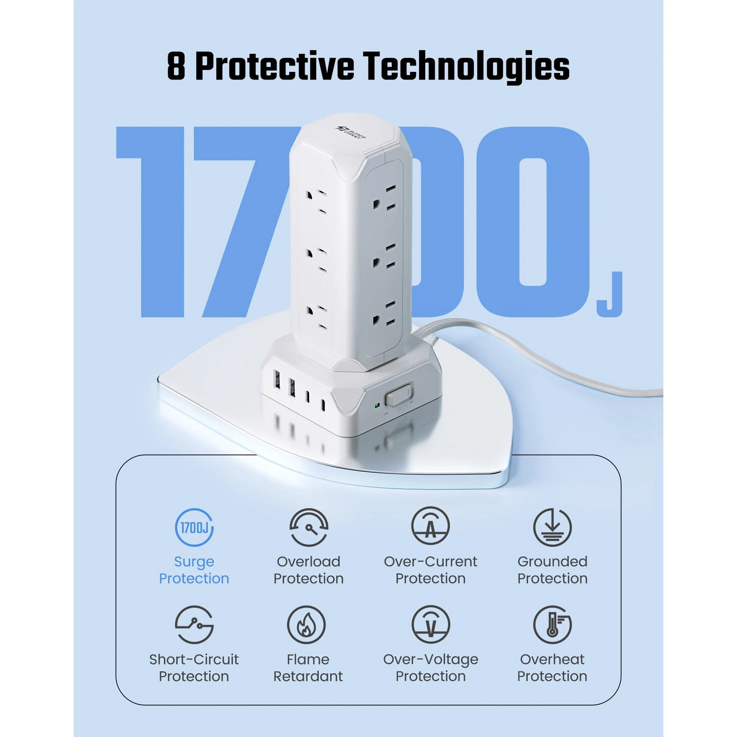 Koosom 35W Power Strip Tower,10FT Long Extension Cord,16-Outlet USB C Surge Protector, 12 AC Outlet,2 USB C and 2 USB A Ports Charging Staion