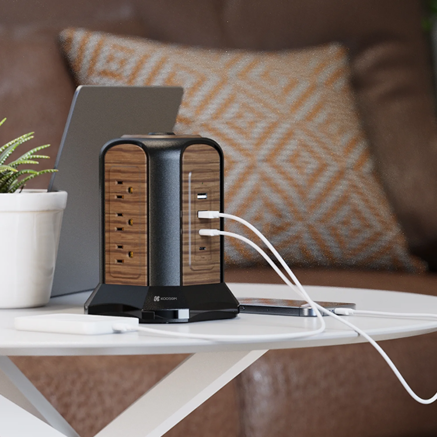 KOOSOM Power Strip Tower Surge Protector, 10.2 Ft Extension Cord with Multiple Outlets, 9 Outlets, 4 USB Ports (2 USB C), 1080 Joules, 3-Prong, Grounded, Deep Walnut