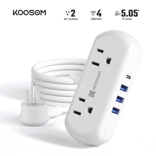 Koosom Mini Power Strip, 5.05 Ft Extension Cord Surge Protector with 2 Wide-Spaced Outlets, 3 USB A and 1 USB C Ports, White