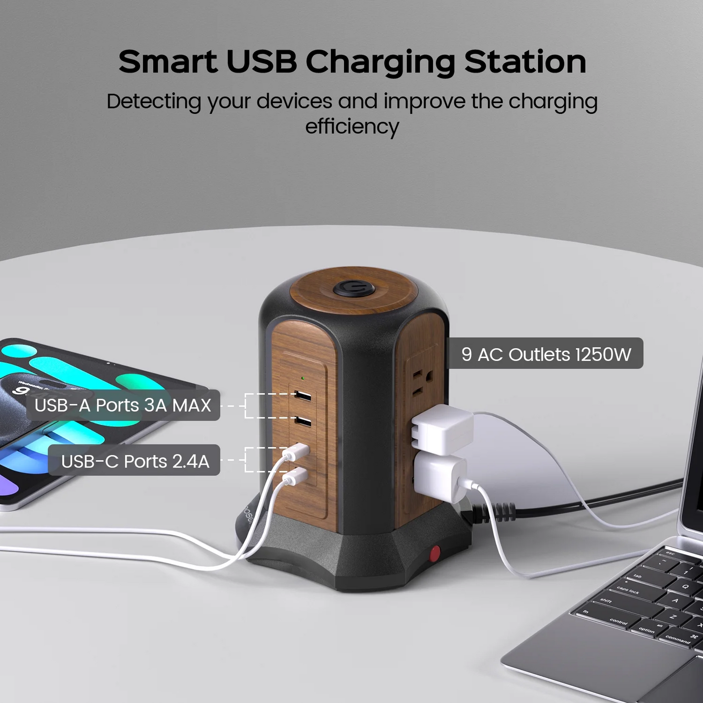 KOOSOM Power Strip Tower Surge Protector, 10.2 Ft Extension Cord with Multiple Outlets, 9 Outlets, 4 USB Ports (2 USB C), 1080 Joules, 3-Prong, Grounded, Deep Walnut