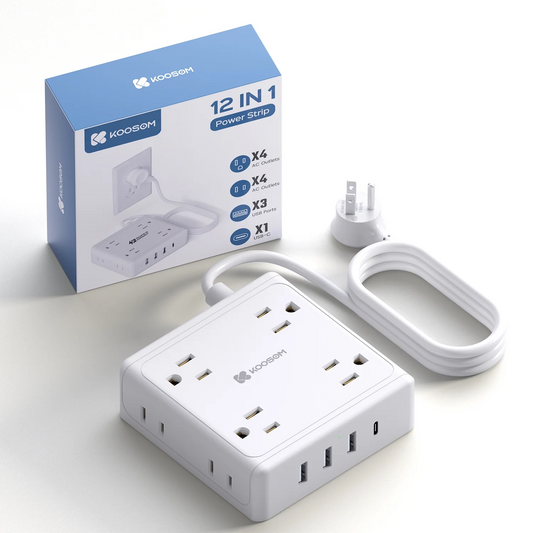 KOOSOM Power Strip with USB Ports, 8 AC Outlets & 4 USB Charging Station, Mountable, Flat Plug, 5 ft Extension Cord, for Home Office Dorm Hotel Travel Cruise Ship, White