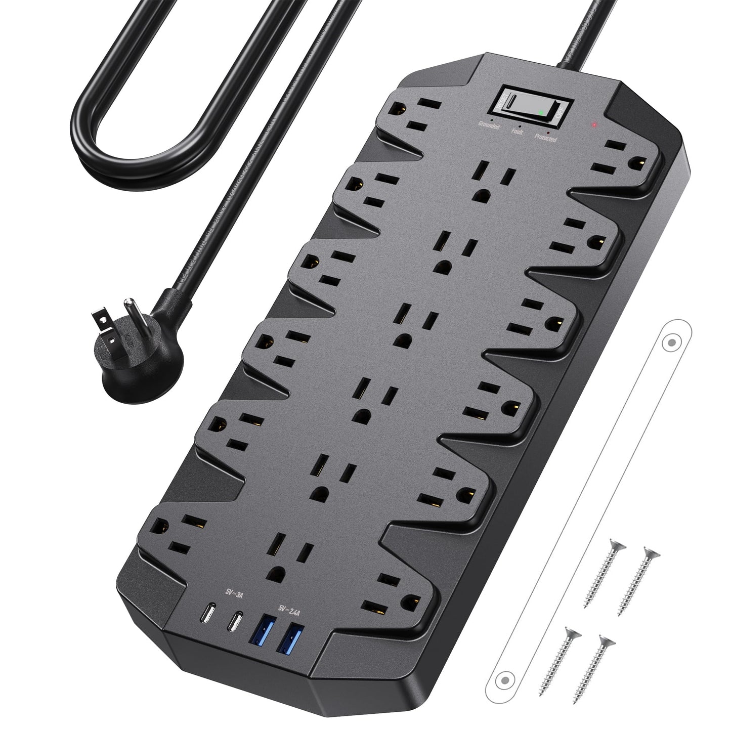 Koosom Surge Protector Power Strip, 18 AC Outlets with 2 USB C and 2 USB A Ports, 1875W/15A, 2100J, 6.5FT Flat Plug Heavy Duty Extension Cord with Wall Mount Holes