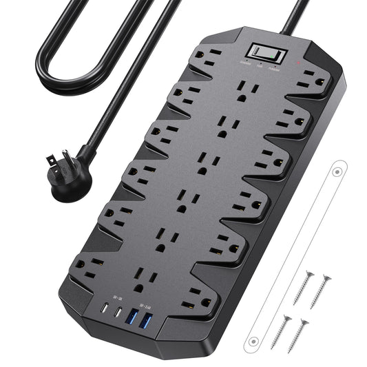 Koosom Surge Protector Power Strip, 18 AC Outlets with 2 USB C and 2 USB A Ports, 1875W/15A, 2100J, 6.5FT Flat Plug Heavy Duty Extension Cord with Wall Mount Holes