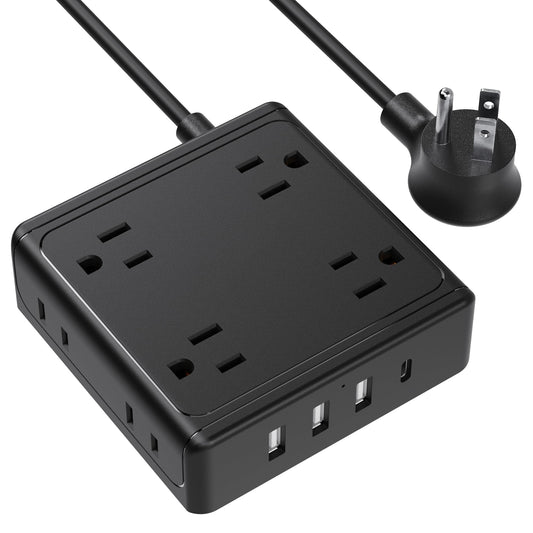 Koosom Power Strip with USB Ports, 8 Widely Spaced AC Outlets & 3 USB-A & 1 USB-C, Mountable, Charging Station, Flat Plug, 5 ft Extension Cord, for Home Office Dorm Hotel Travel Cruise Ship, Black