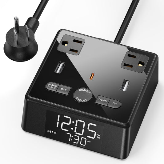 Koosom Digital Alarm Clock with 3 USB Charger, Desk Charging Station 2 AC Outlets, 6.5ft Cord, Power Strip Surge Protector 1700J, LCD Display, Easy Alarm Setting for Bedroom Dorm Room Hotel, Black