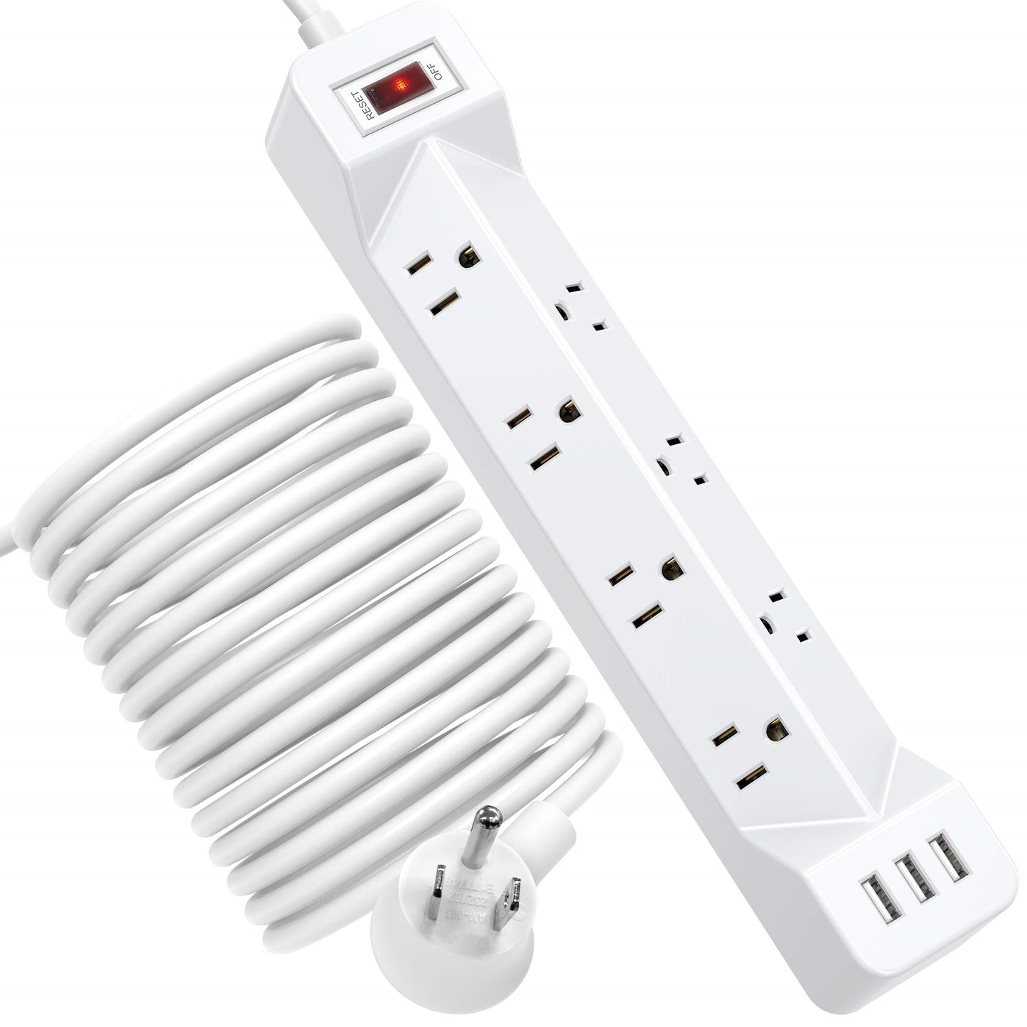 Koosom 16.5 Ft Power Strip Surge Protector Flat Plug with USB, 7 Wide Spaced Outlets 3 USB Ports Mountable Extension Cord Charging Station, Overload Protection for Home Office Hotel Dorm, White