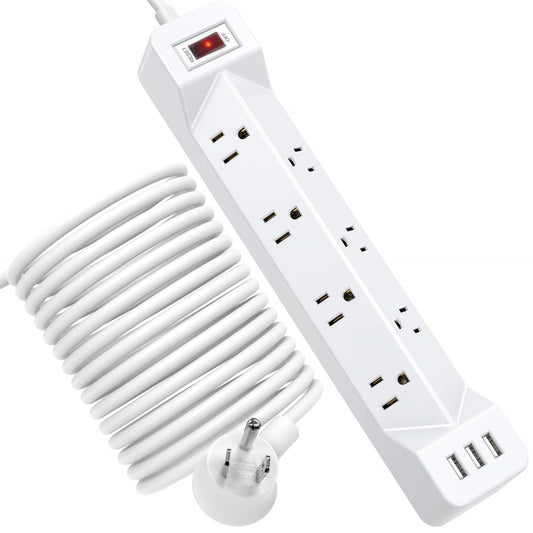 Koosom 16.5 Ft Power Strip Surge Protector Flat Plug with USB, 7 Wide Spaced Outlets 3 USB Ports Mountable Extension Cord Charging Station, Overload Protection for Home Office Hotel Dorm, White
