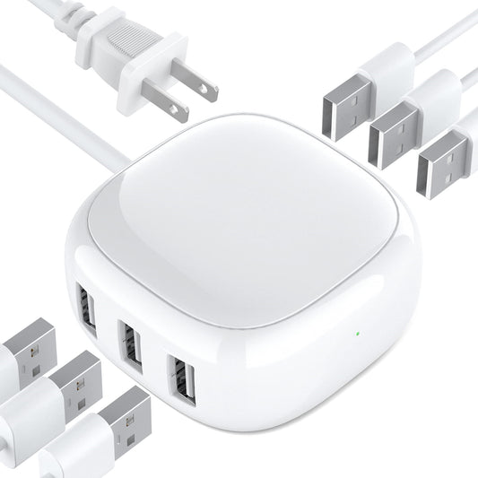 Koosom 6-Port USB Charger, 40W 8A Mini USB Charging Station, Charging Station for Multiple Devices, 4ft Cable, Compatible with iPhone, iPad, Galaxy, Pixel, for Travel, Cruise, White