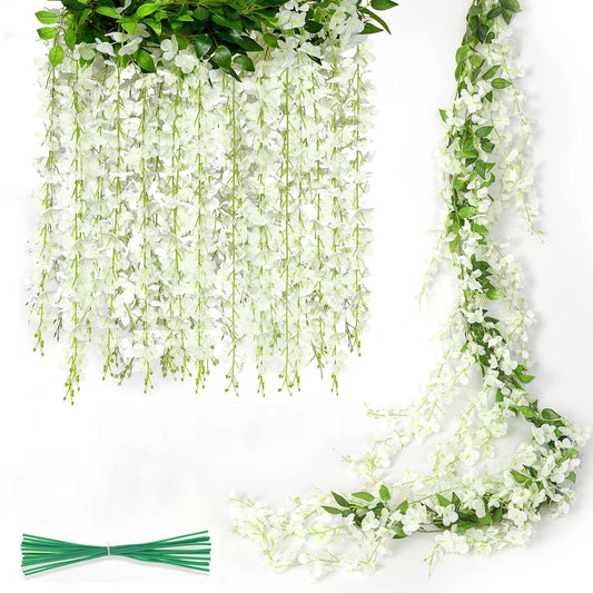 Koosom Wisteria Hanging Flowers 4 Packs, 40 Branches 6ft Artificial White Silk Wisteria Vine with Lights Garland for Aesthetic Bedroom Party Garden Home Decor Wedding