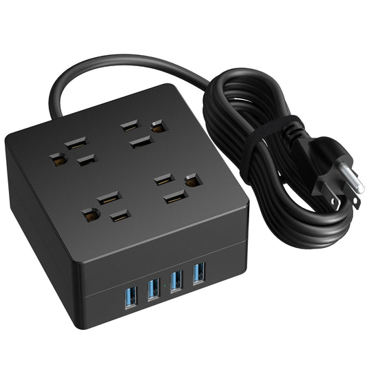 Koosom 5ft Power Strip, Surge Protector 900 Joules, 4-Outlet 4-USB Extension Cord, Overload Switch, Grounded, Mountable, Desktop Charging Station for Home, Office, School, Dorm, Computer, Black