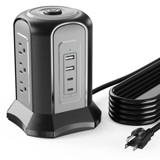 Koosom Power Strip Tower Surge Protector, Desktop Charging Station, 10 Ft Extension Cord, 9 Outlets, 4 USB Ports, 1080 Joules, 3-Prong, Grounded, Multiple Protections for Home, Office, Black