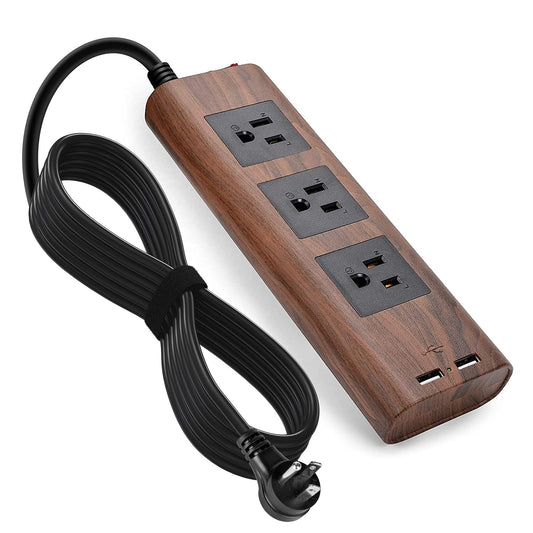 Koosom 9.8ft Desktop Power Strip with USB, Flat Plug Brown Extension Cord Vintage Surge Protector 3 Outlets, Electrical Power Outlet Extender, Fire-Retardant USB Charging Station, Walnut Wood Grain