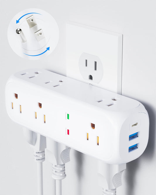 Koosom Multi Plug Outlet Extender, 9 AC Outlets, 3 USB Wall Charger(1 USB C) 360° Rotating Plug Outlet Splitter Surge Protector, 4-Sided Swivel Wall Plug Extender for Home, Office, Travel,White