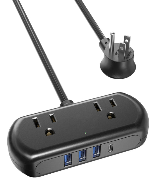 Koosom Power Strip with USB, Mini Surge Protector with 2 Wide-Spaced Outlets, 3 USB-A 1 USB-C, 5.05Ft Extension Cord, Flat Plug, Compact Size Desktop Charging Station Travel, Home, Office, Black
