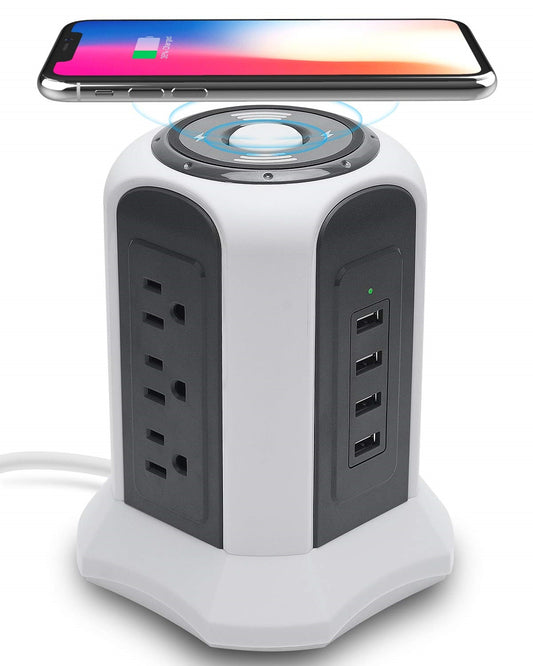 Koosom 10ft Power Strip Tower Wireless Charger Surge Protector Extension Cord 10A 9-Outlet 4.5A 4 USB Electrical Charging Station Universal Socket for Laptop Phone White and Gray