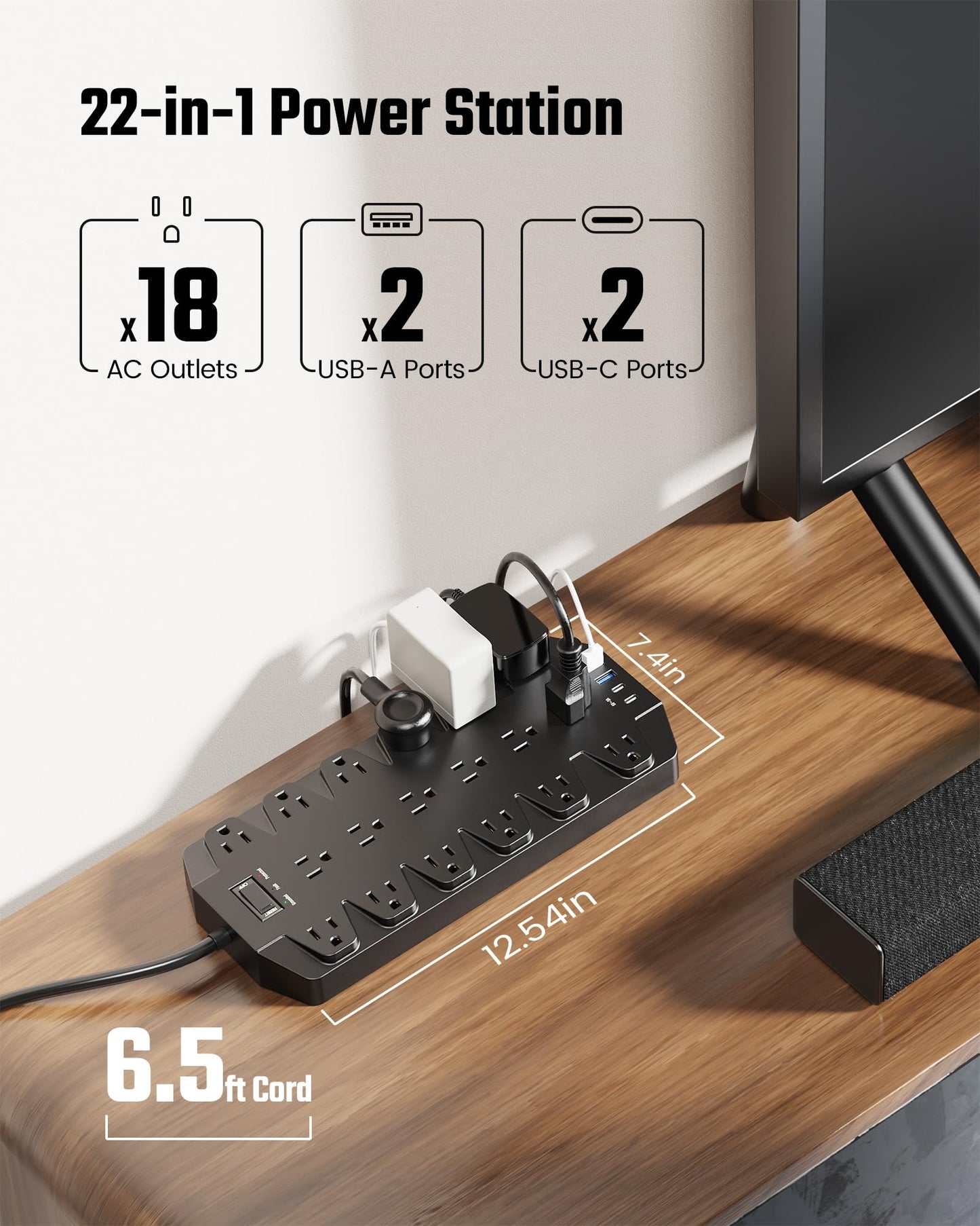 Koosom Surge Protector Power Strip, 18 AC Outlets with 2 USB C and 2 USB A Ports, 1875W/15A, 2100J, 6.5FT Flat Plug Heavy Duty Extension Cord with Wall Mount Holes