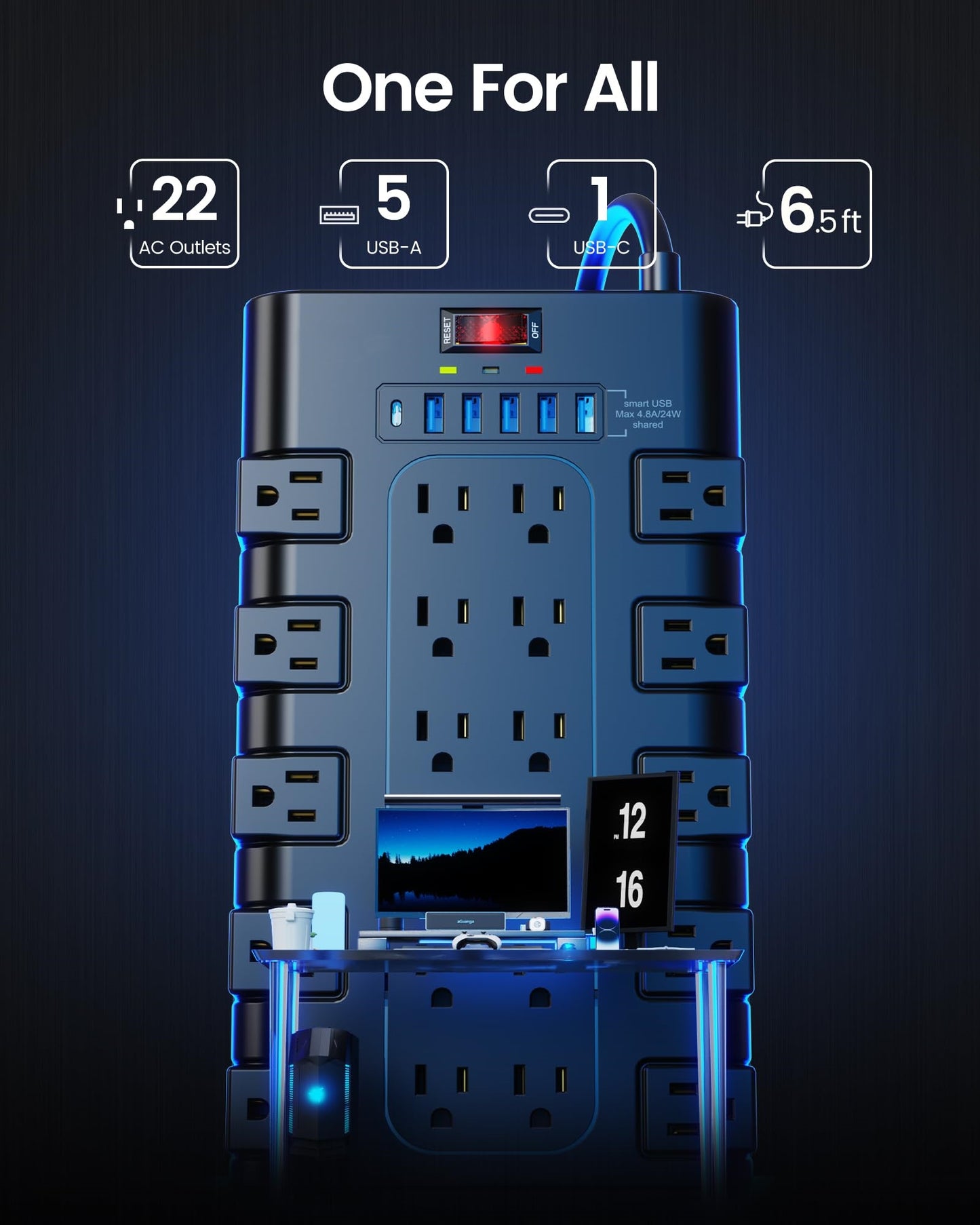 Power Strip, Koosom Surge Protector with 22 AC Outlets and 6 USB Charging Ports, 1875W/15A, 2100 Joules, 6.5Ft Flat Plug Heavy Duty Extension Cord