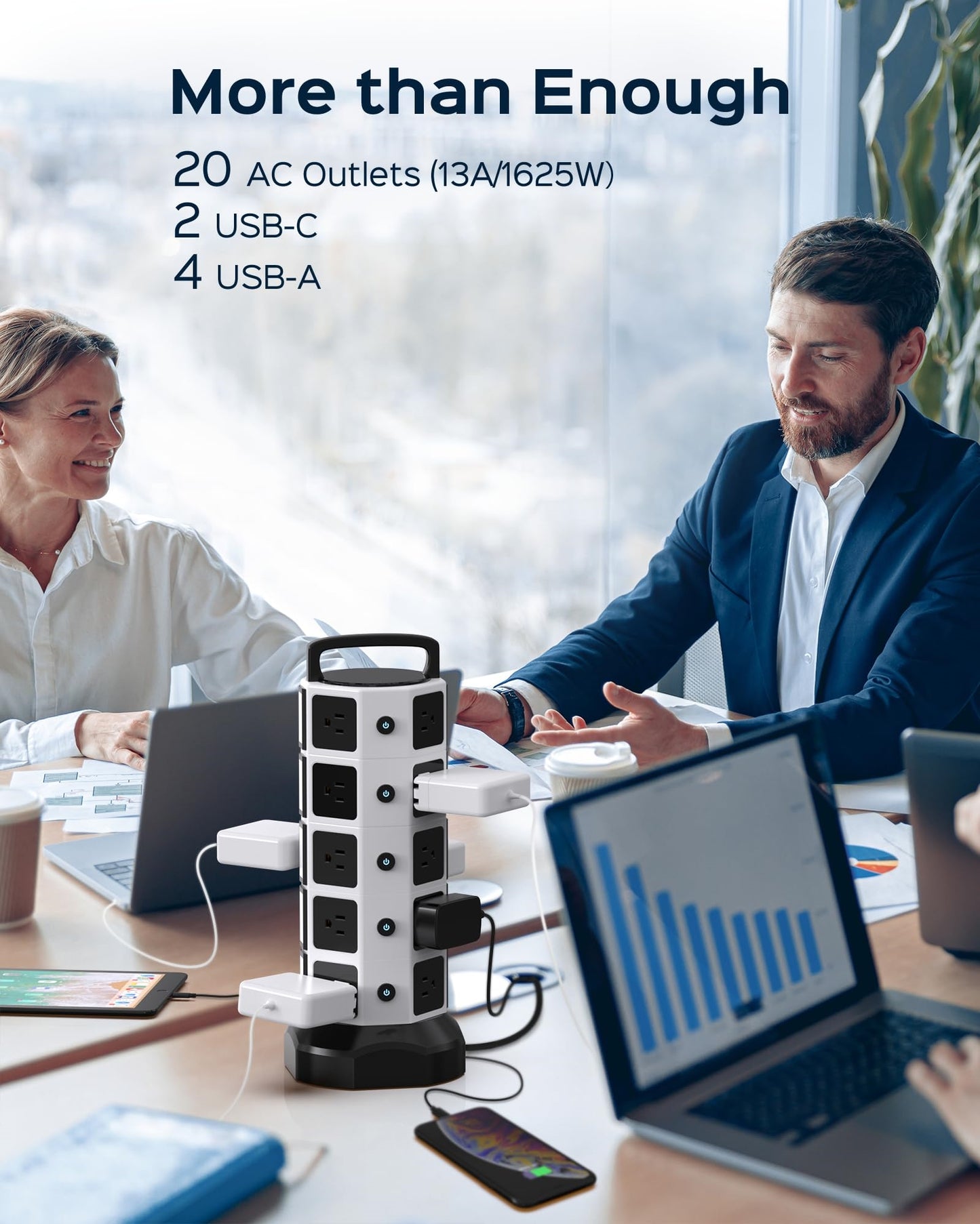 Koosom Power Strip Tower Surge Protector, 20 Outlets 6 USB (2 USB C) Charging Station, Extension Cord with Multiple Outlets, 1050J 1625W/13A Outlet Extender 6.5ft Extension Cord for Home Office
