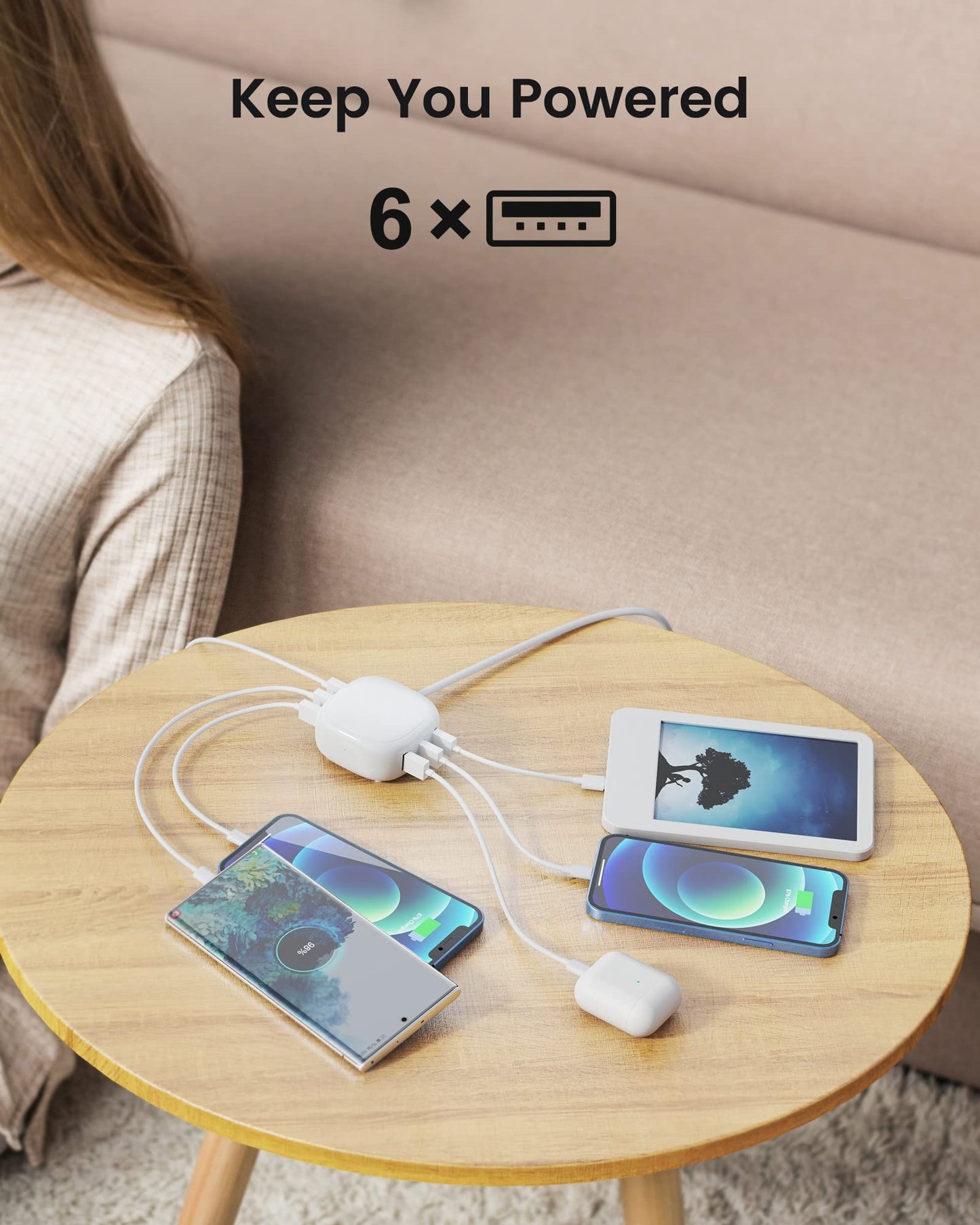 Koosom 6-Port USB Charger, 40W 8A Mini USB Charging Station, Charging Station for Multiple Devices, 4ft Cable, Compatible with iPhone, iPad, Galaxy, Pixel, for Travel, Cruise, White
